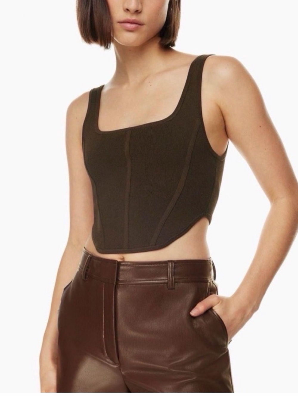 Square Neck Ribbed Crop Tank Top - Dark Brown - Picture 1 of 3